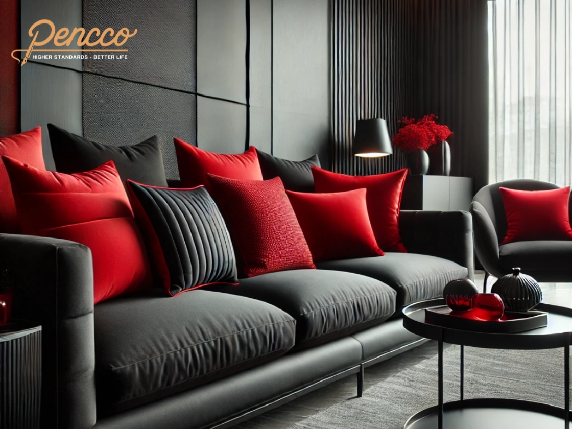 Phòng khách với ghế sofa đen và gối màu đỏ.