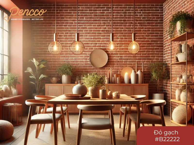 Phòng ăn với tường màu đỏ gạch, bàn gỗ và ánh sáng ấm áp, mang phong cách rustic và industrial