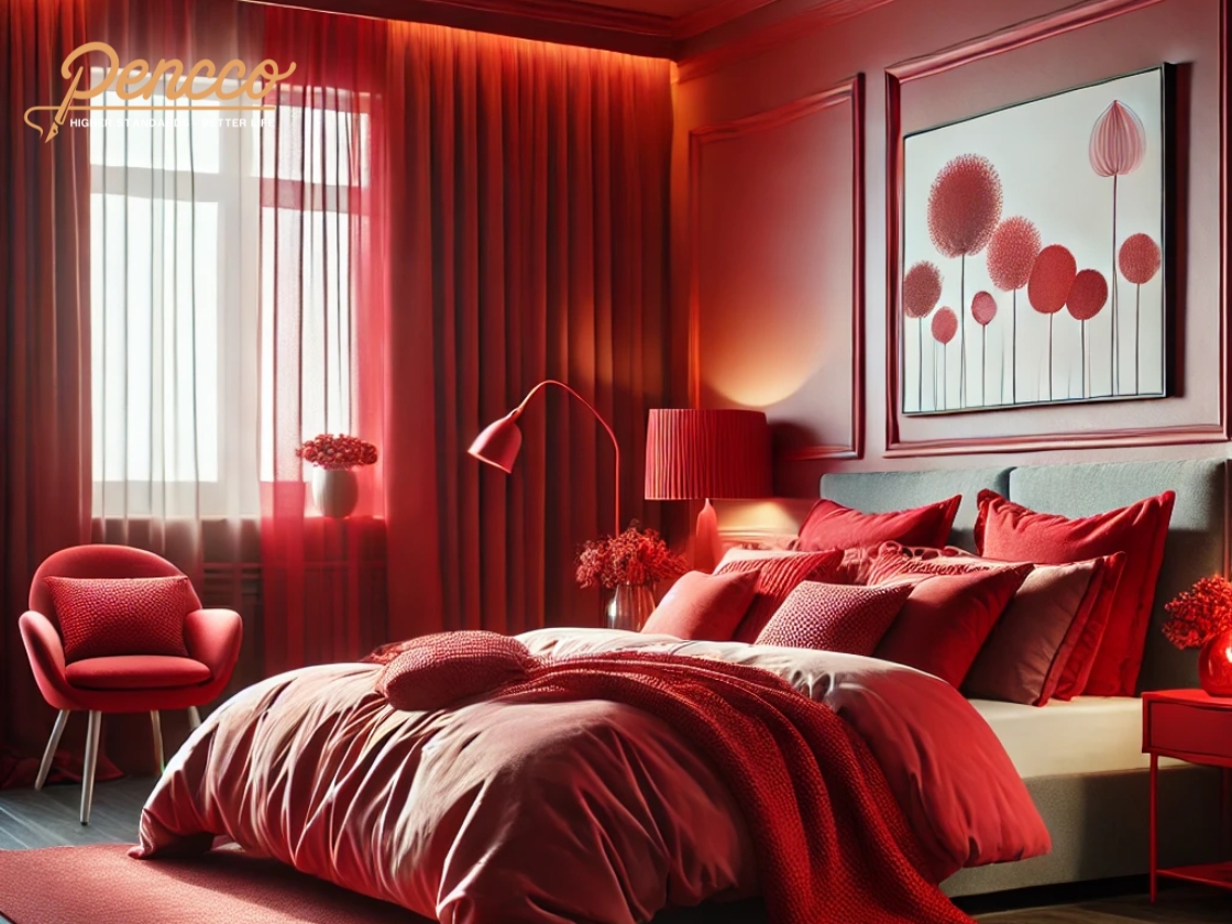 Phòng ngủ với ga giường và rèm màu đỏ tạo không gian ấm áp
