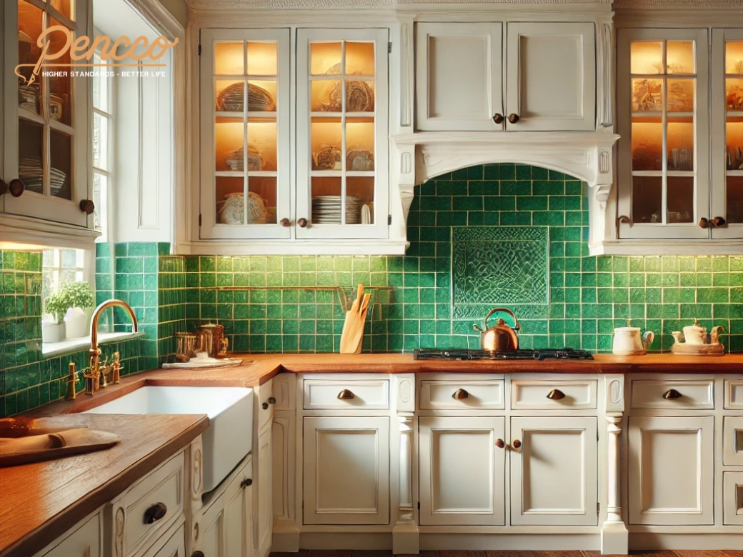 Backsplash gạch xanh ngọc cho nhà bếp truyền thống
