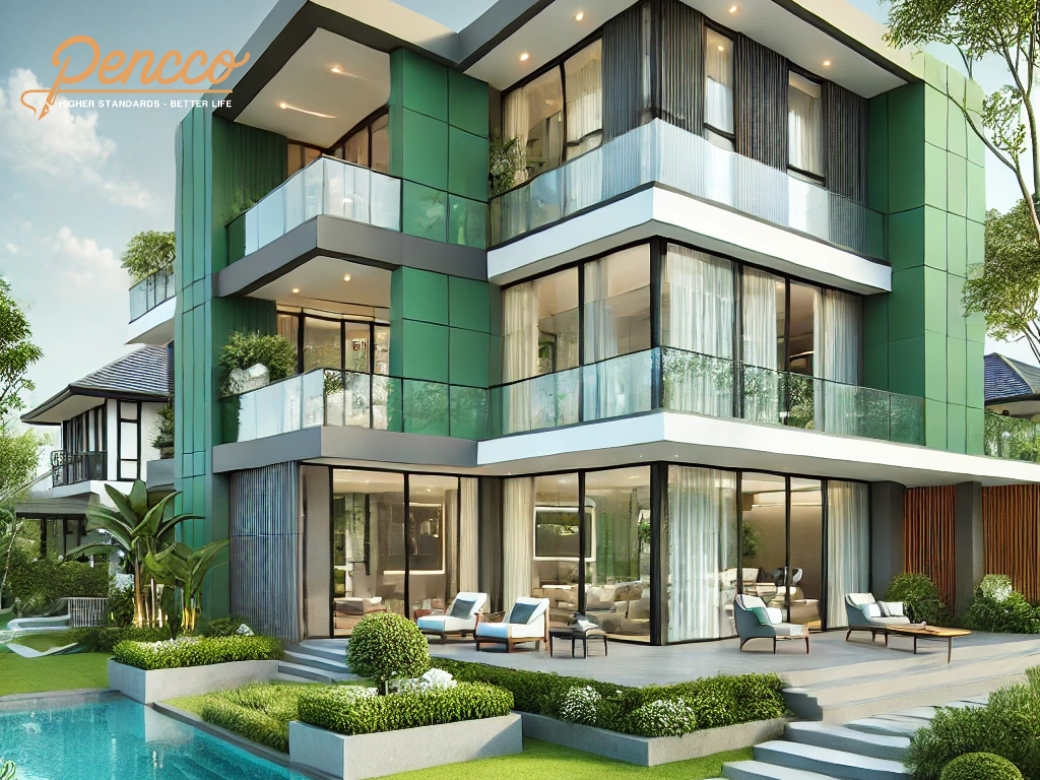 Biệt thự hiện đại với điểm nhấn xanh ngọc trung tính và hồ bơi sang trọng.