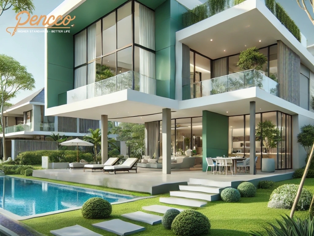 Biệt thự xanh ngọc bích dịu nhẹ với hồ bơi và không gian sân vườn yên bình.