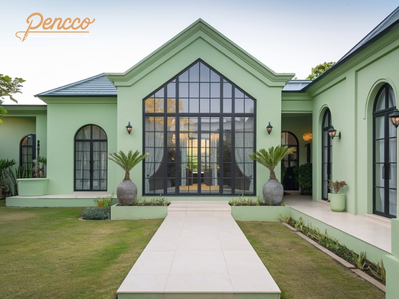Biệt thự xanh ngọc với cây xanh bao quanh.