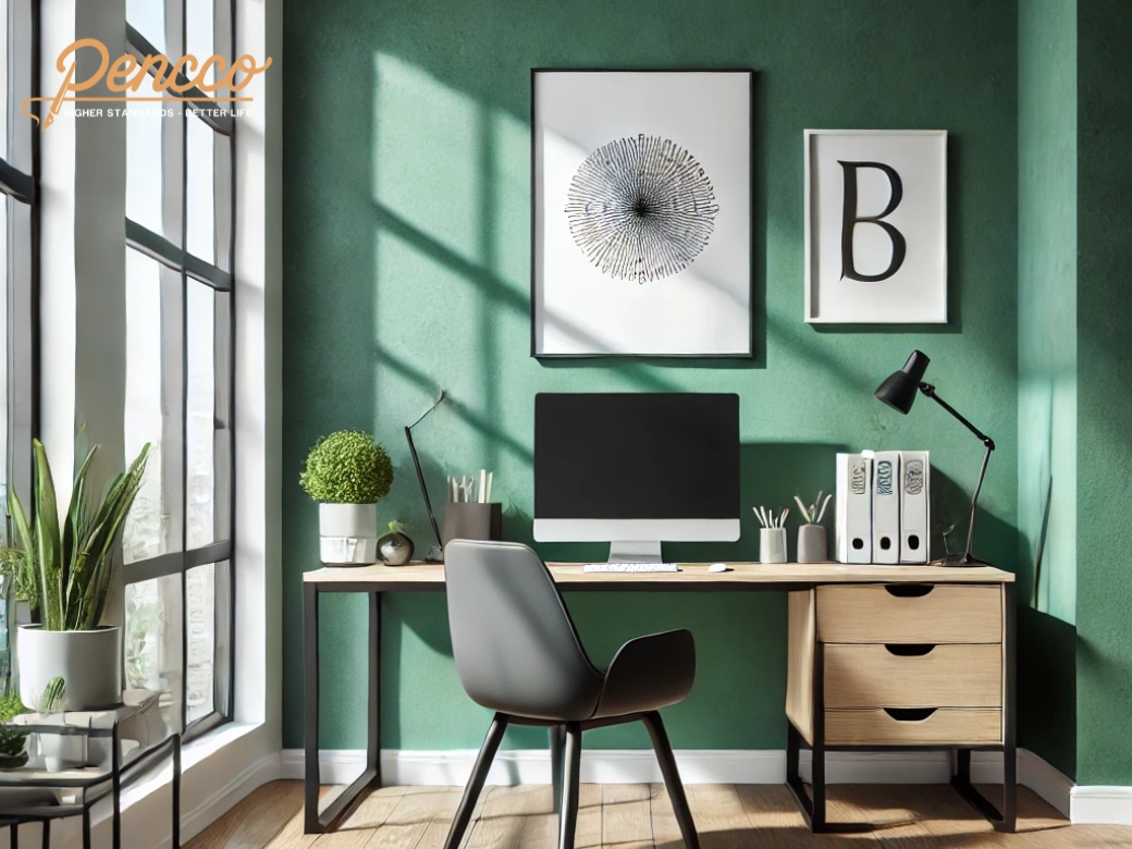 Góc làm việc tại nhà với tường accent xanh ngọc