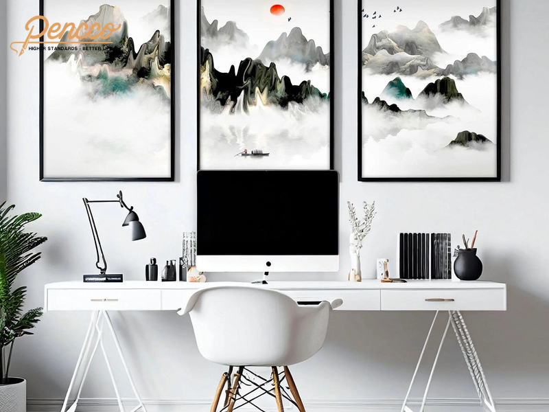 Phòng làm việc màu xám trắng với hệ thống tranh treo tường ấn tượng