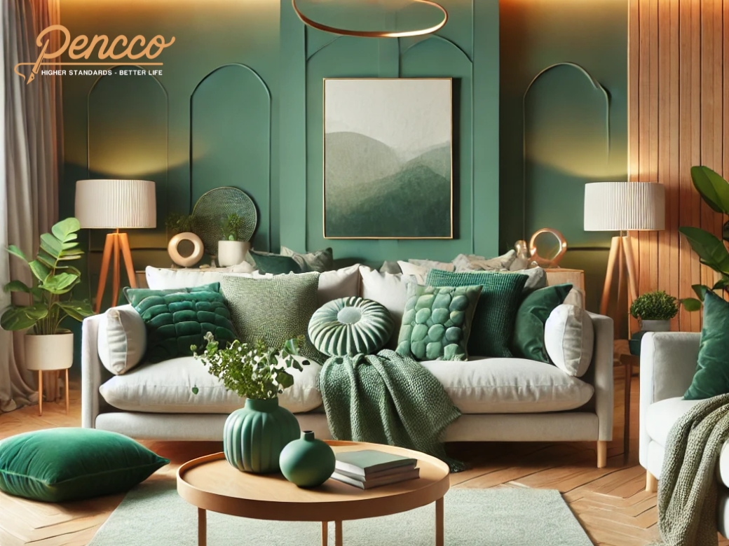 Không gian tiếp khách ấm cúng với điểm nhấn xanh ngọc