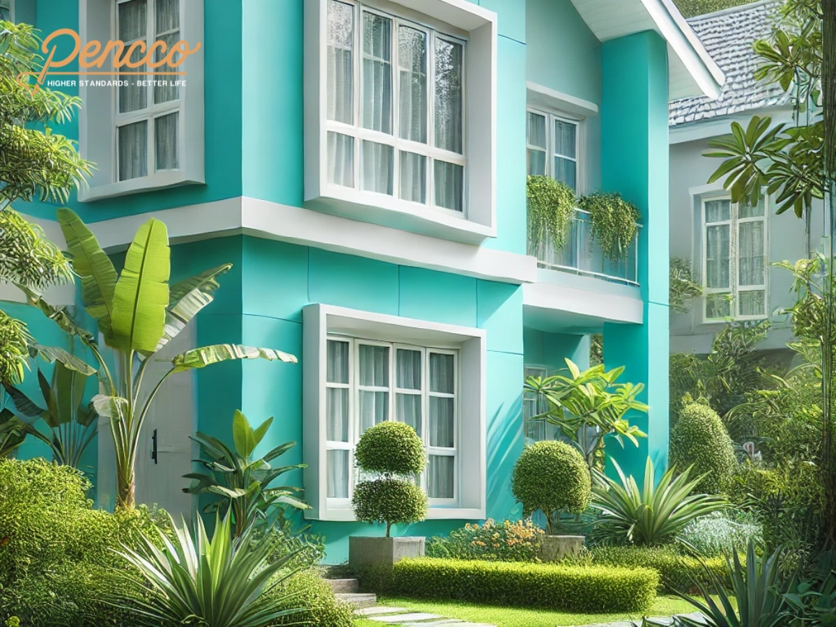 Mặt tiền nhà màu xanh ngọc với cửa sổ trắng và cây xanh bao quanh.
