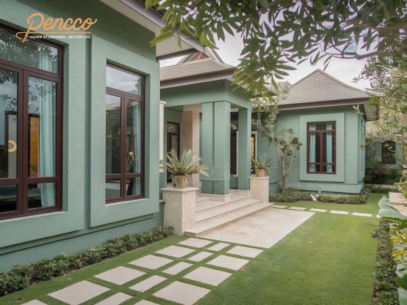 Biệt thự hiện đại với tường xanh ngọc và đá tự nhiên.