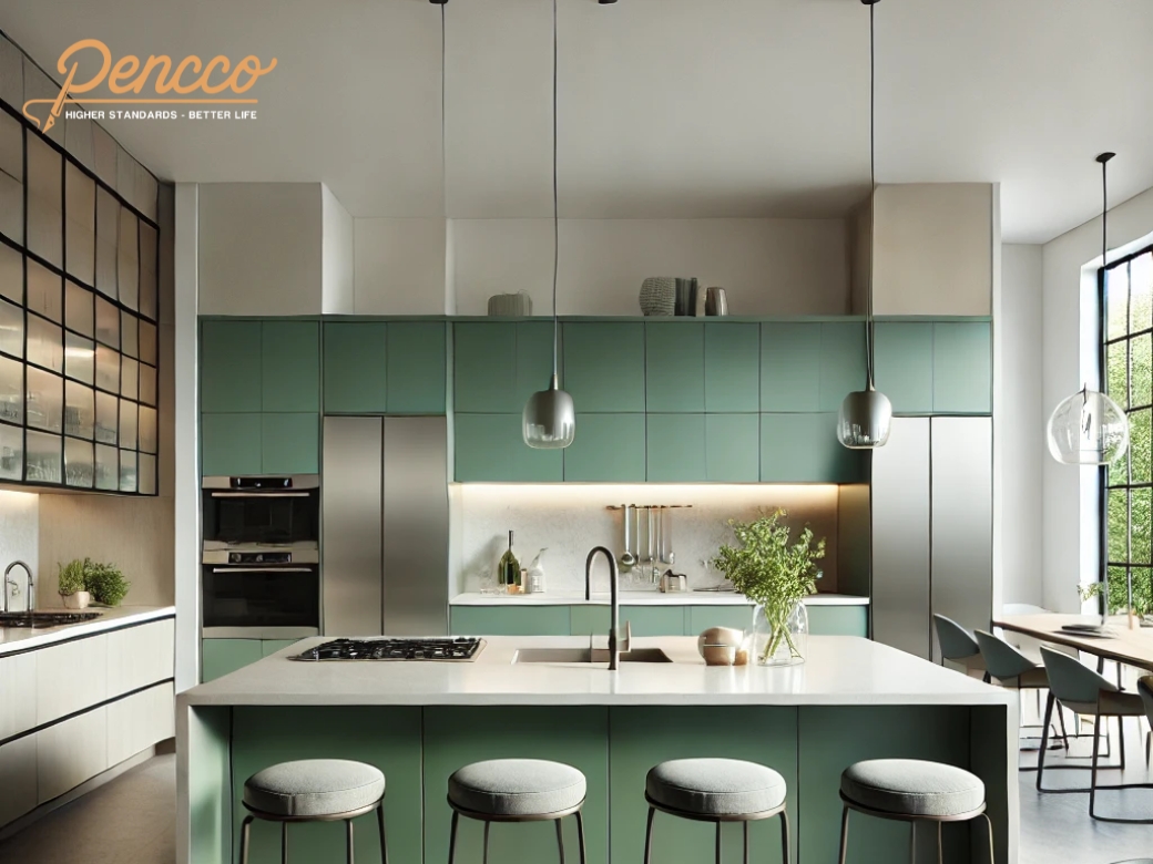 Nhà bếp mở với đảo bếp xanh ngọc nổi bật