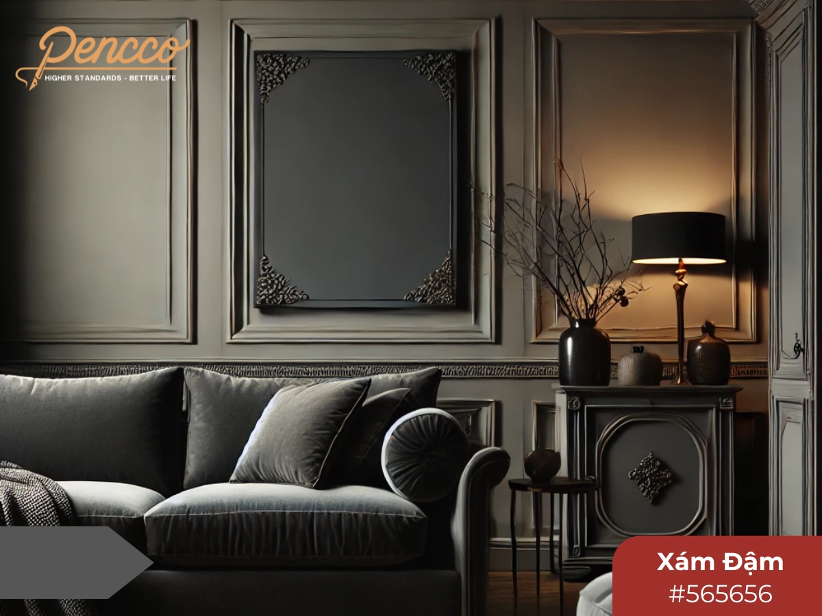 Phòng với ghế sofa xám đậm, tạo sự ấm áp và sang trọng cho nội thất.