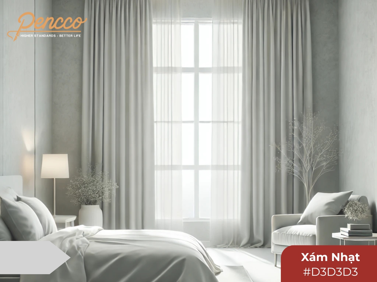 Phòng với tường xám nhạt, tạo không gian sáng sủa, nhẹ nhàng và phản chiếu ánh sáng tốt.
