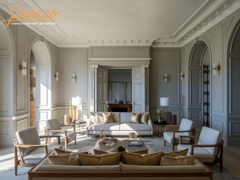 Phòng khách màu ghi nhạt với viền trắng và decor hiện đại.