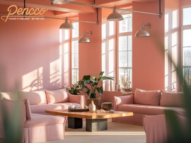 Phòng khách ấm cúng với gam màu hồng pastel nhẹ nhàng
