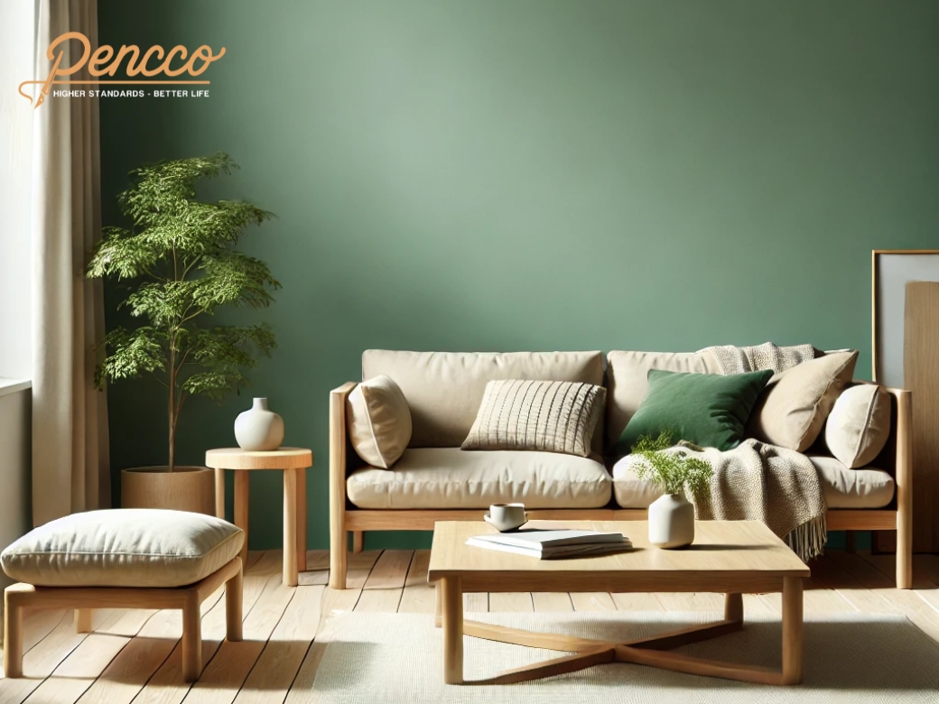 Phòng khách Scandinavian kết hợp xanh ngọc và gỗ sáng màu