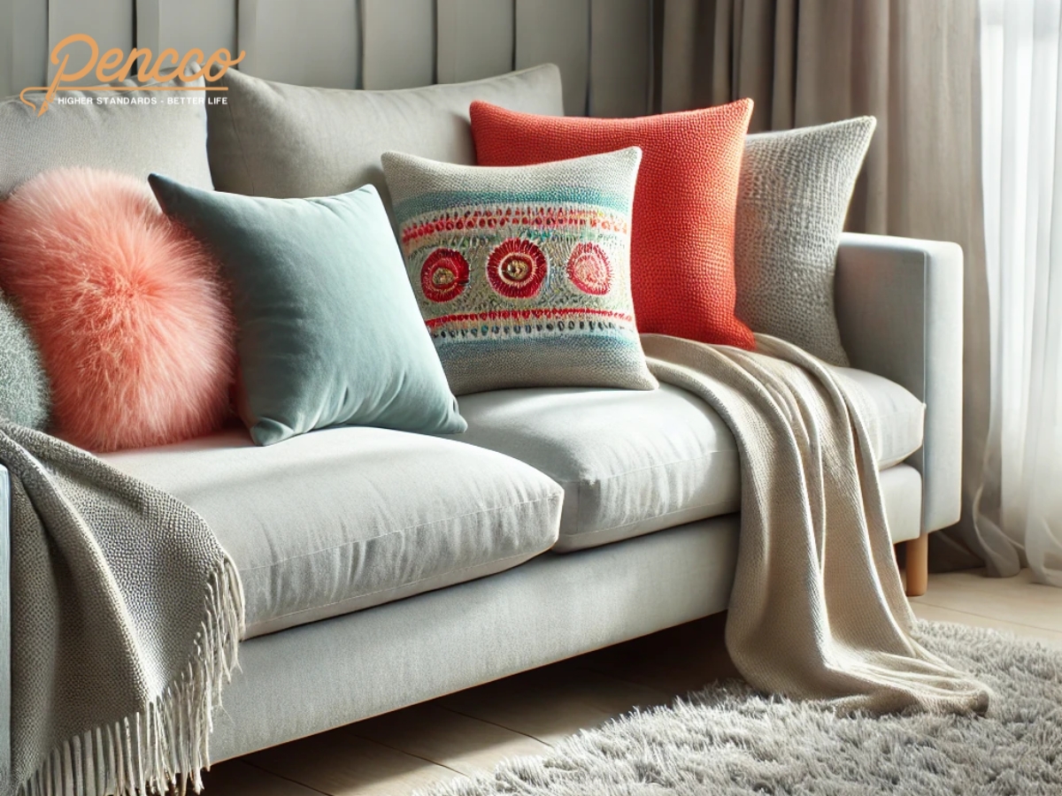 Sofa màu xám nhạt với gối trang trí sáng màu và thảm lông xám mềm mại trong phòng khách.
