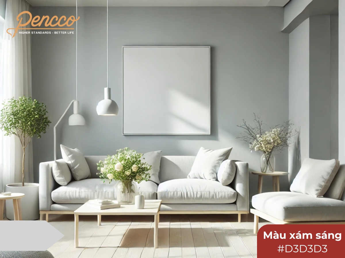 Phòng khách với tường xám sáng và nội thất tối giản, tạo không gian thoáng rộng.