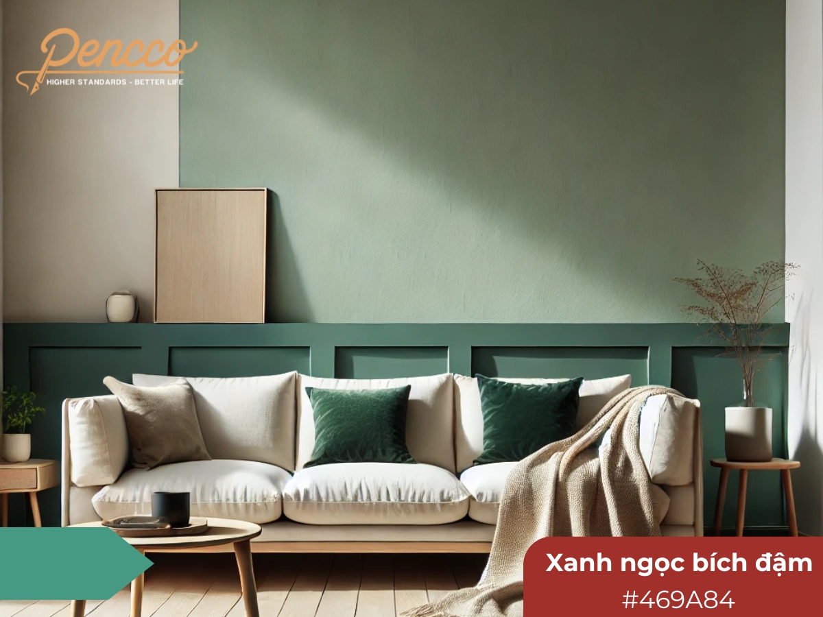Phòng khách Scandinavian với tường xanh ngọc bích đậm và sofa màu be.
