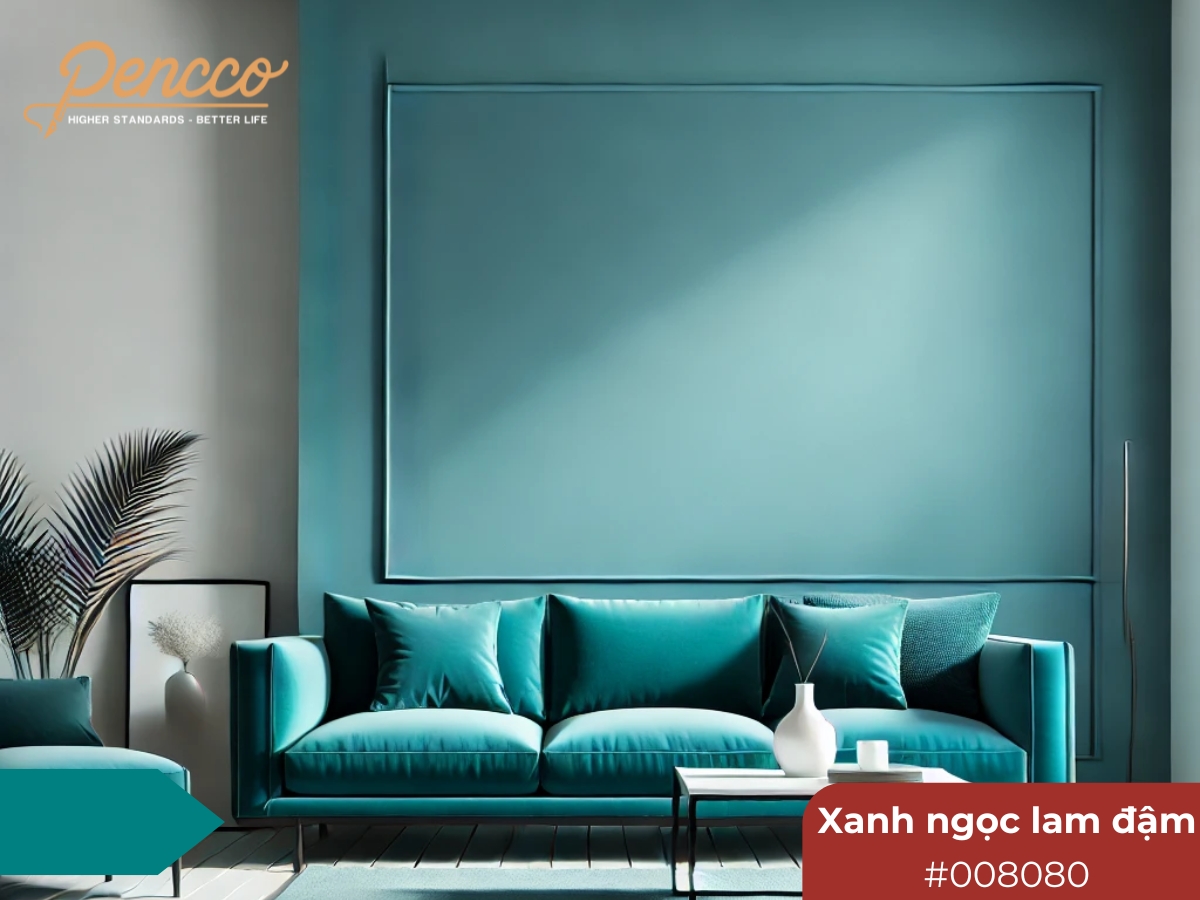 Ghế sofa xanh ngọc lam đậm trong phòng khách hiện đại với tường trắng.