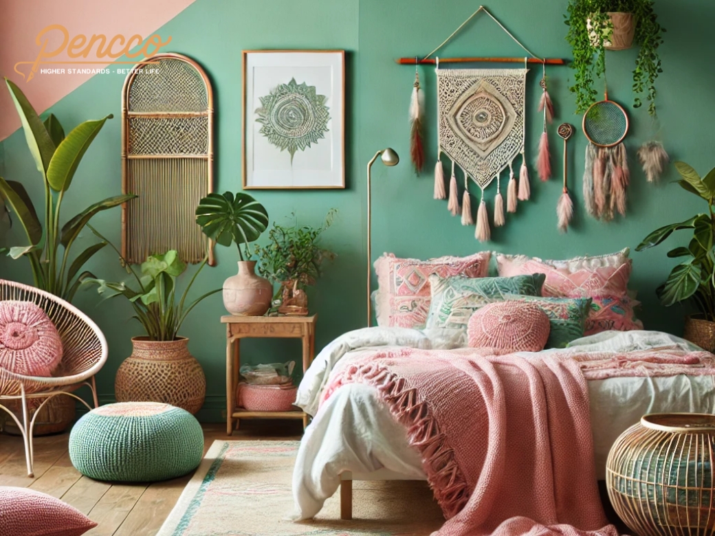 Phòng ngủ bohemian kết hợp xanh ngọc và hồng pastel