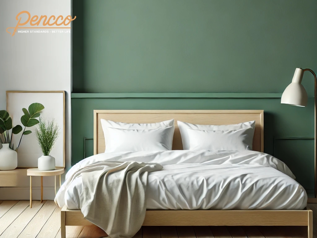 Phòng ngủ minimalist với accent wall xanh ngọc