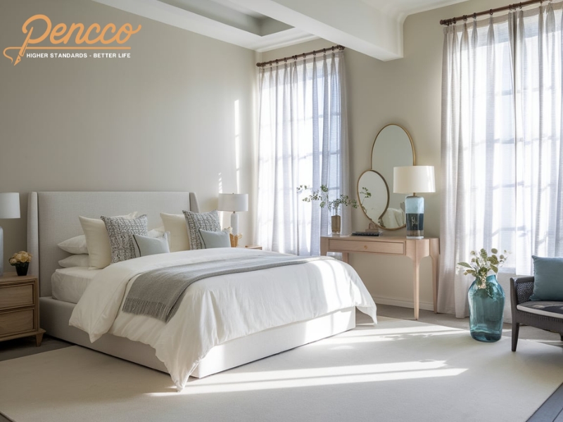 Phòng ngủ hiện đại kết hợp trắng xám và xanh dương