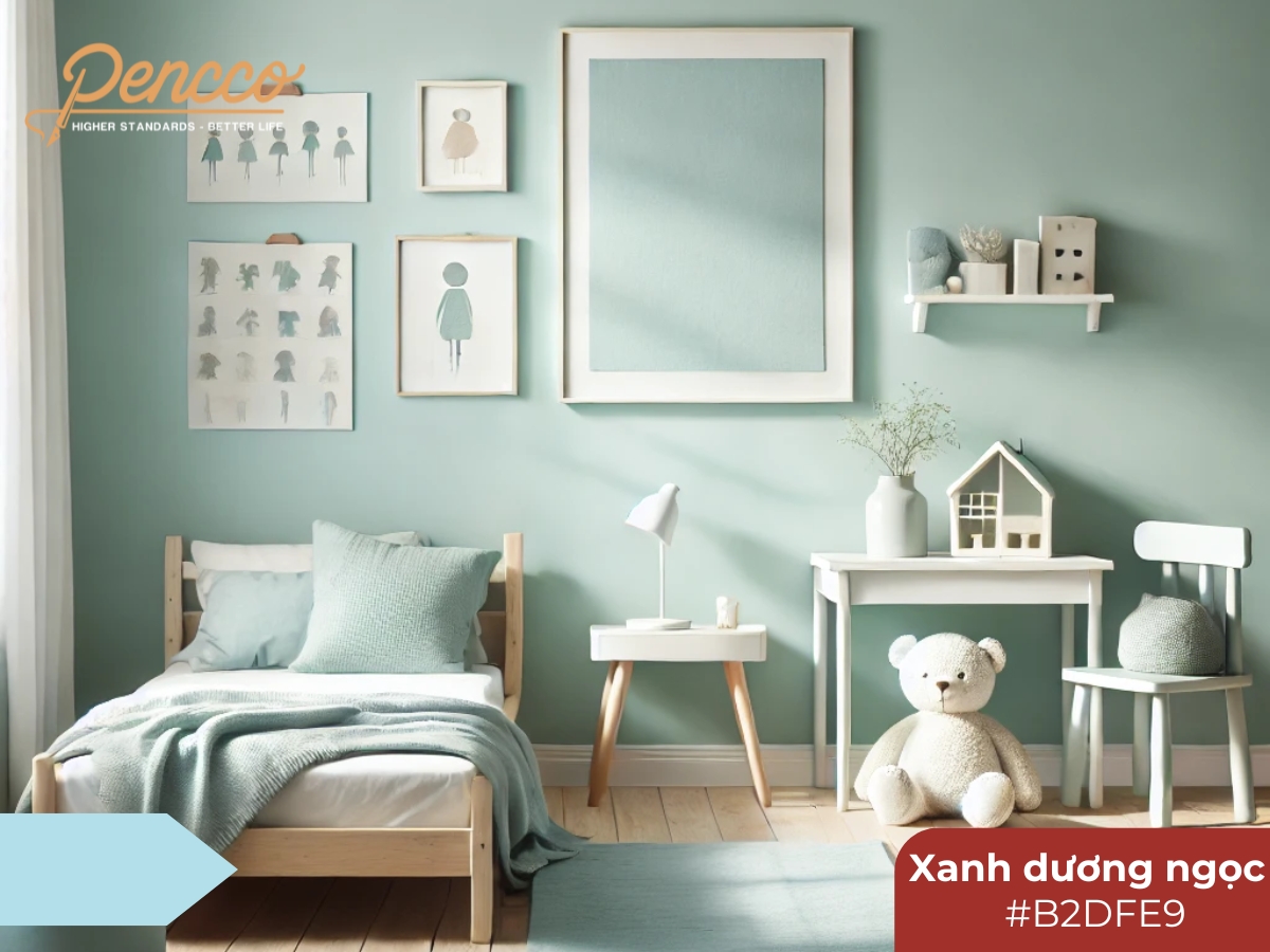 Phòng ngủ trẻ em với tường xanh dương ngọc và nội thất đơn giản.
