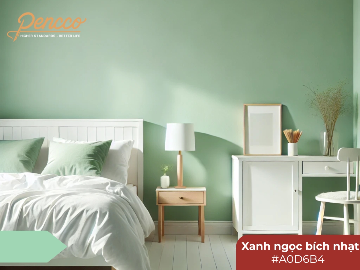 Phòng ngủ với tường xanh ngọc bích nhạt và nội thất màu trắng.