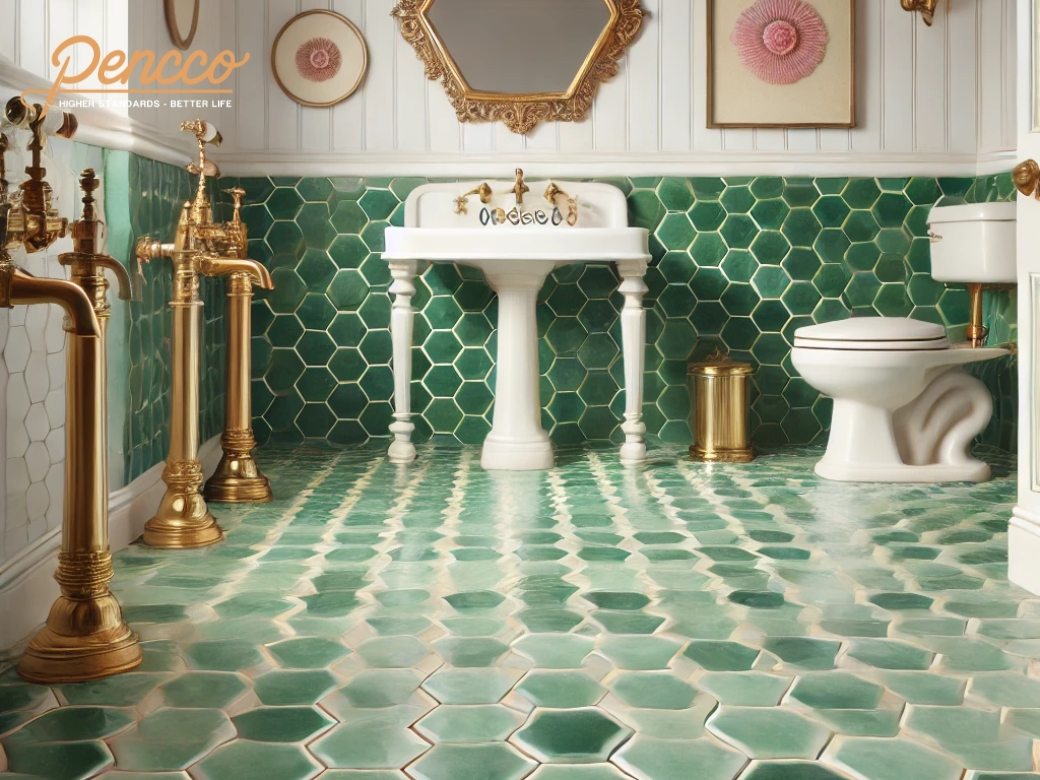 Phòng tắm vintage với gạch lục giác xanh ngọc