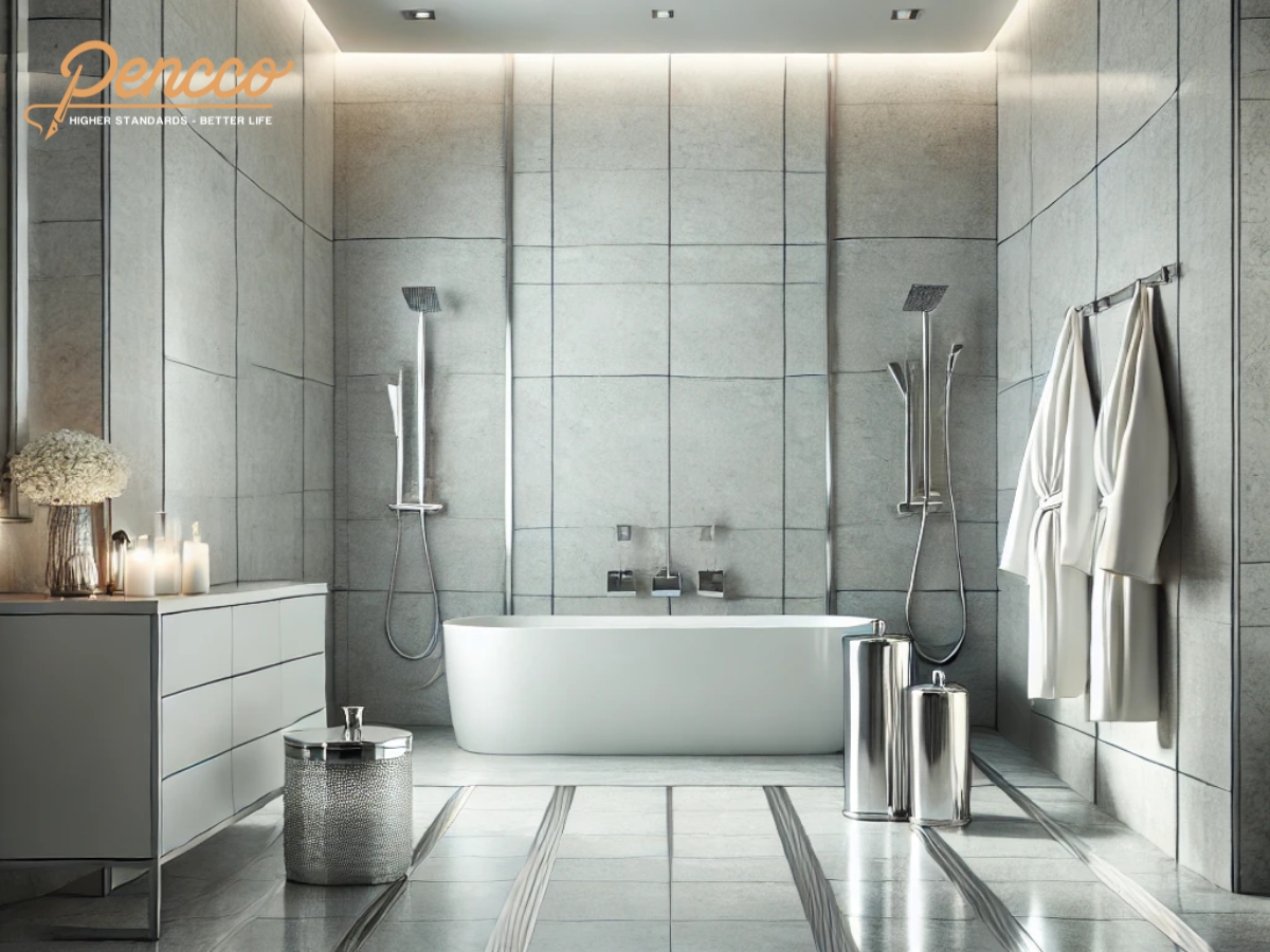 Phòng tắm với sàn gạch xám, tường trắng và phụ kiện bạc hoặc chrome mang đến cảm giác spa hiện đại.