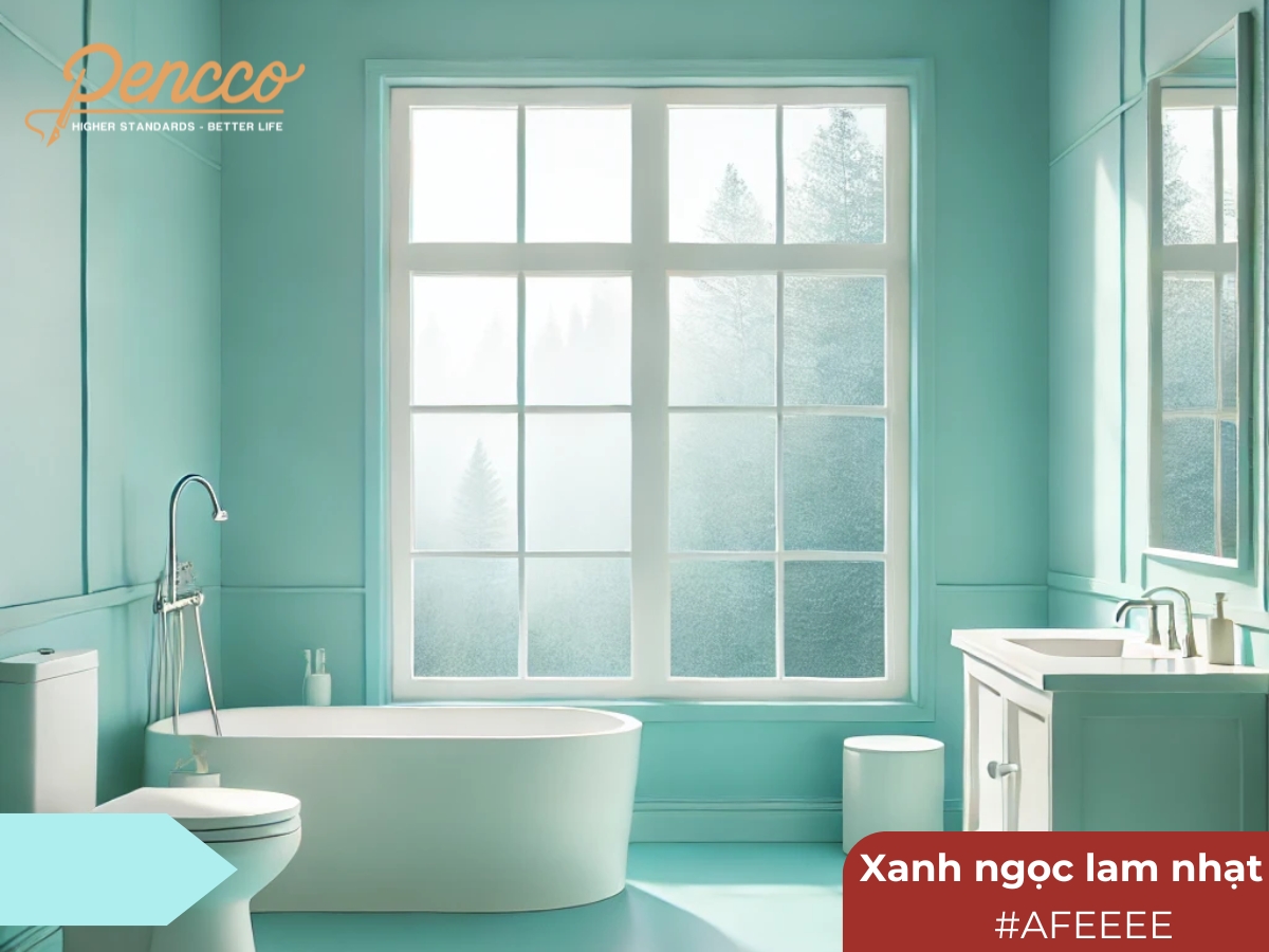 Phòng tắm với tường xanh ngọc lam nhạt, không gian sáng và thoáng đãng.