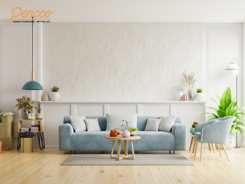 Phòng khách trắng kem kết hợp sofa xanh