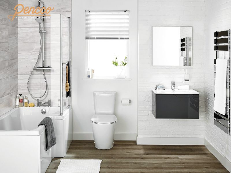 Phòng vệ sinh tông trắng kết hợp sàn gỗ và gạch ốp tường