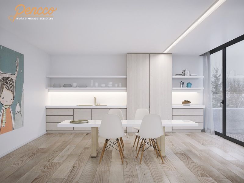Phòng bếp tông trắng chủ đạo, sạch sẽ và sáng sủa
