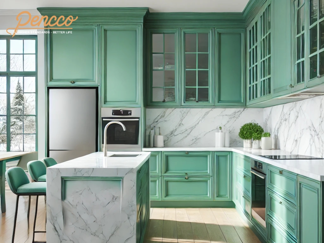 Tủ bếp xanh ngọc với mặt đá trắng