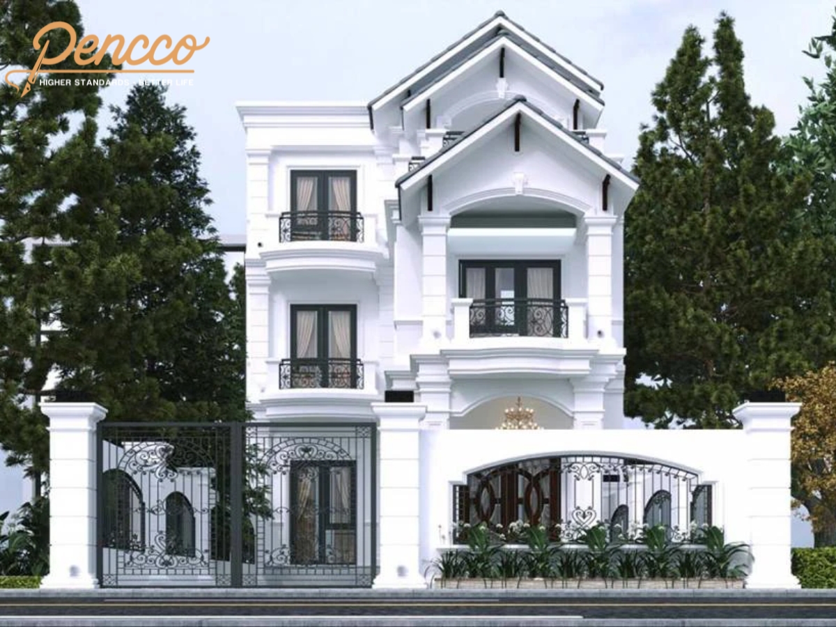 Biệt thự ba tầng sơn trắng với khung cửa hiện đại.