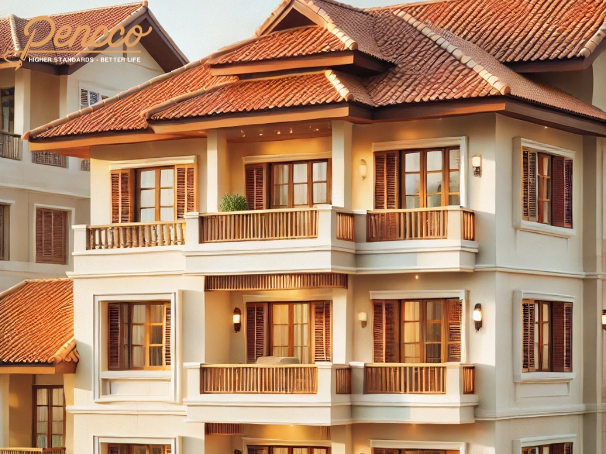 Biệt thự 3 tầng mái Thái kem nhạt nâu gỗ