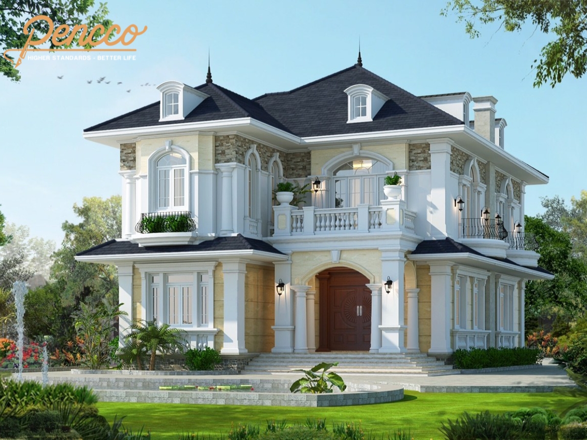 Biệt thự mái Thái phong cách Châu u với cửa gỗ tự nhiên và sơn trắng.