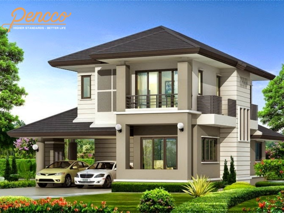 Biệt thự mái Thái với sơn màu trung tính tạo cảm giác ấm áp.