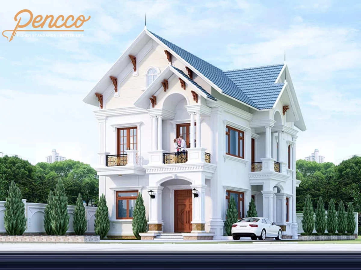Biệt thự 2 tầng mái Thái hiện đại với sơn trắng và ban công đen vàng.