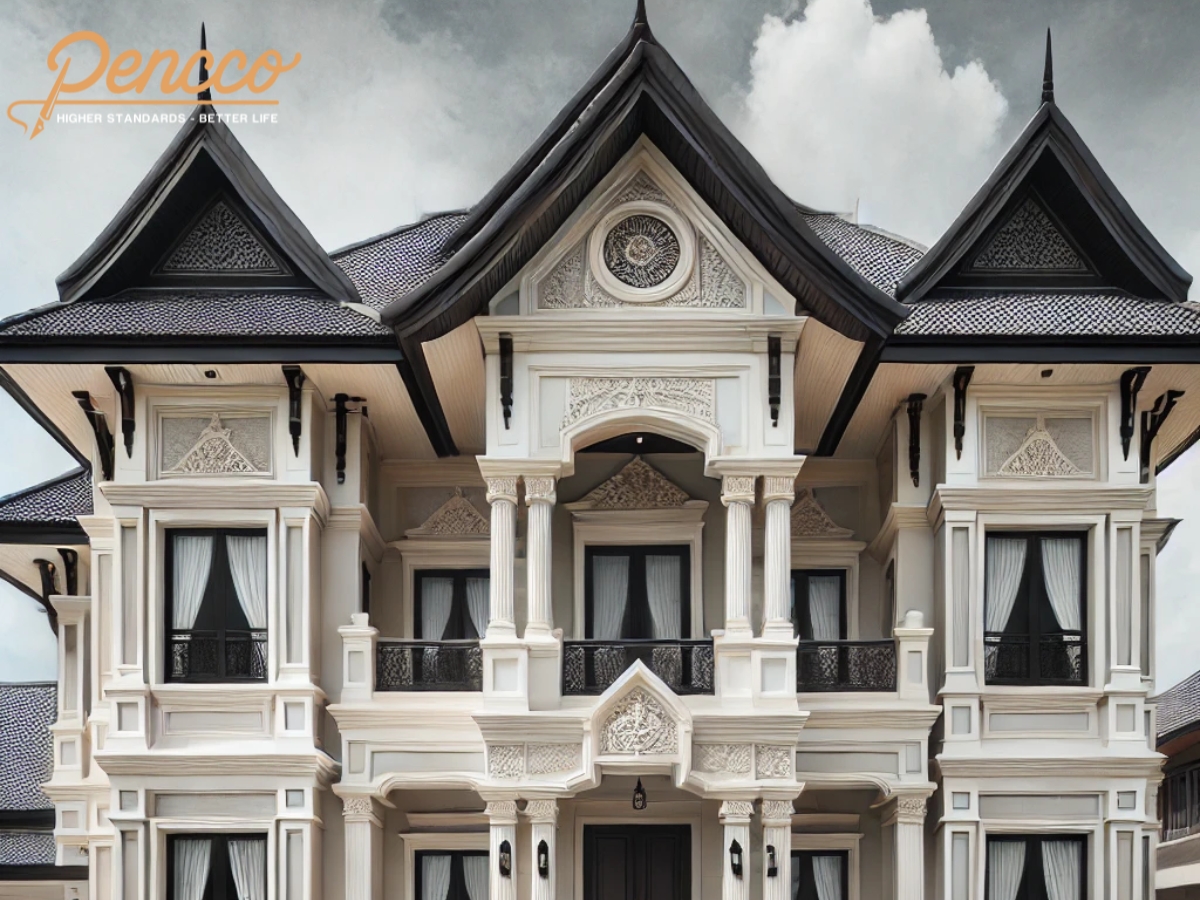 Biệt thự 2 tầng mái Thái trắng ngà xám đậm