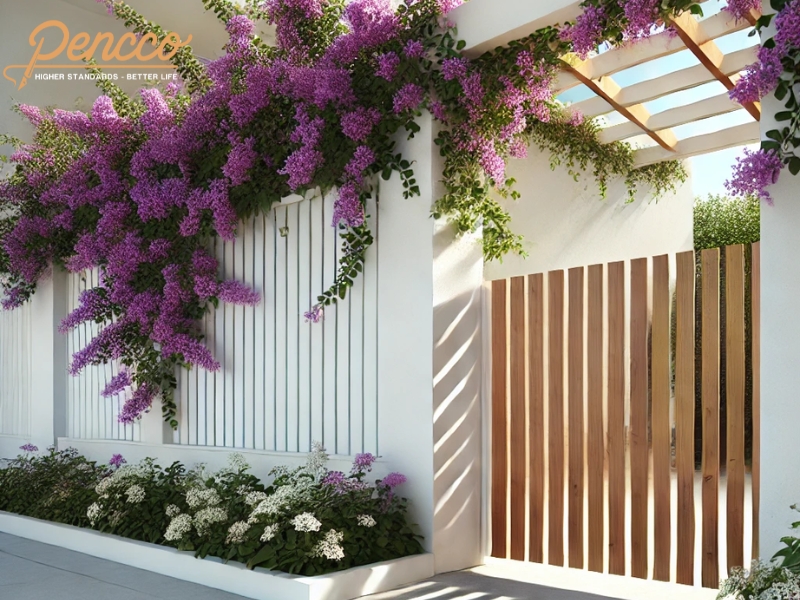 Nhìn từ góc nghiêng, hàng rào trắng với cổng gỗ và hoa leo tím nổi bật, mang đến vẻ đẹp tươi mới và ấm áp cho ngôi nhà.