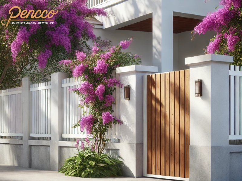 Hàng rào bê tông trắng với cổng gỗ tự nhiên và dây leo hoa tím, mang đến không gian sạch sẽ, tinh tế và hài hòa.