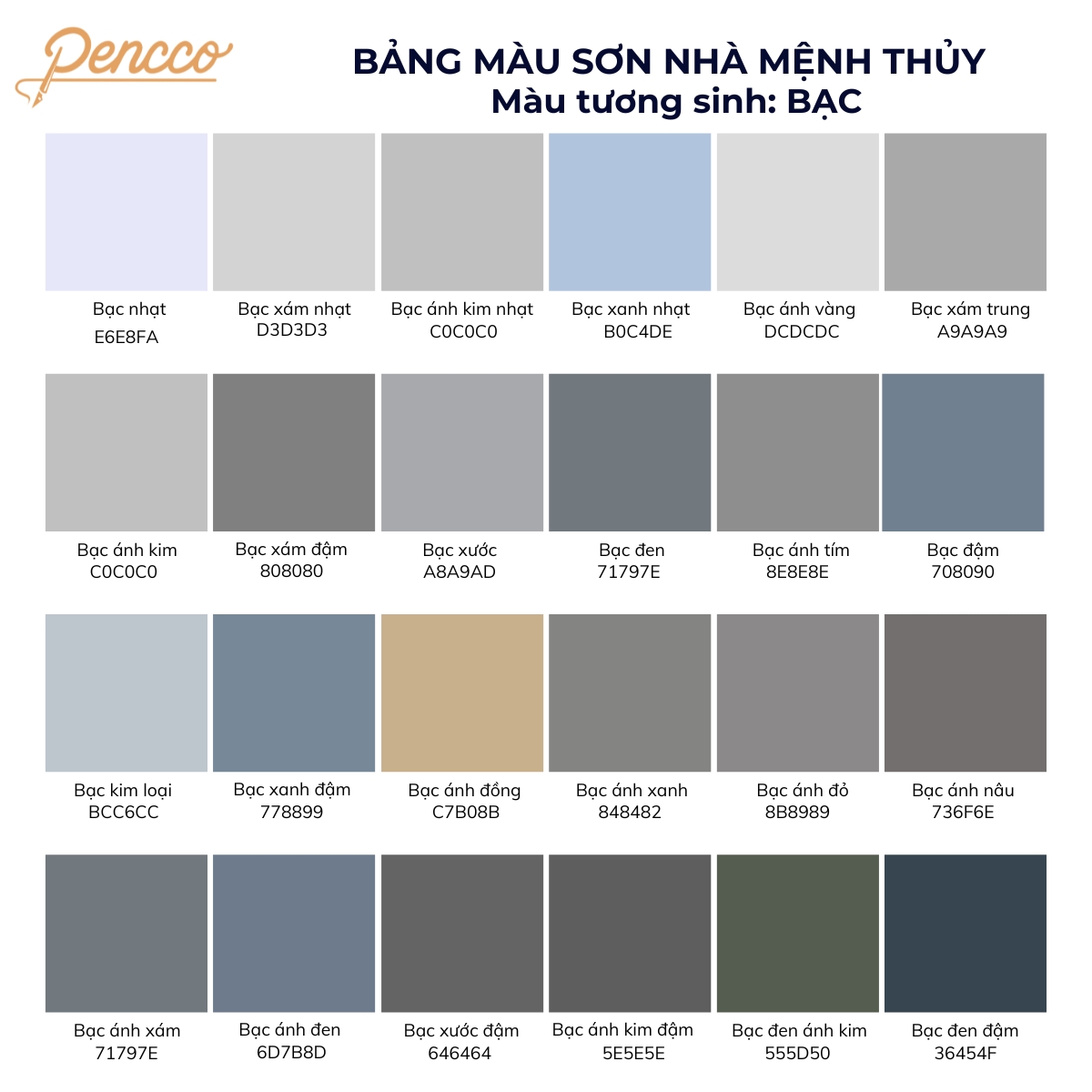 bảng màu sắc hợp với mệnh thủy màu bạc