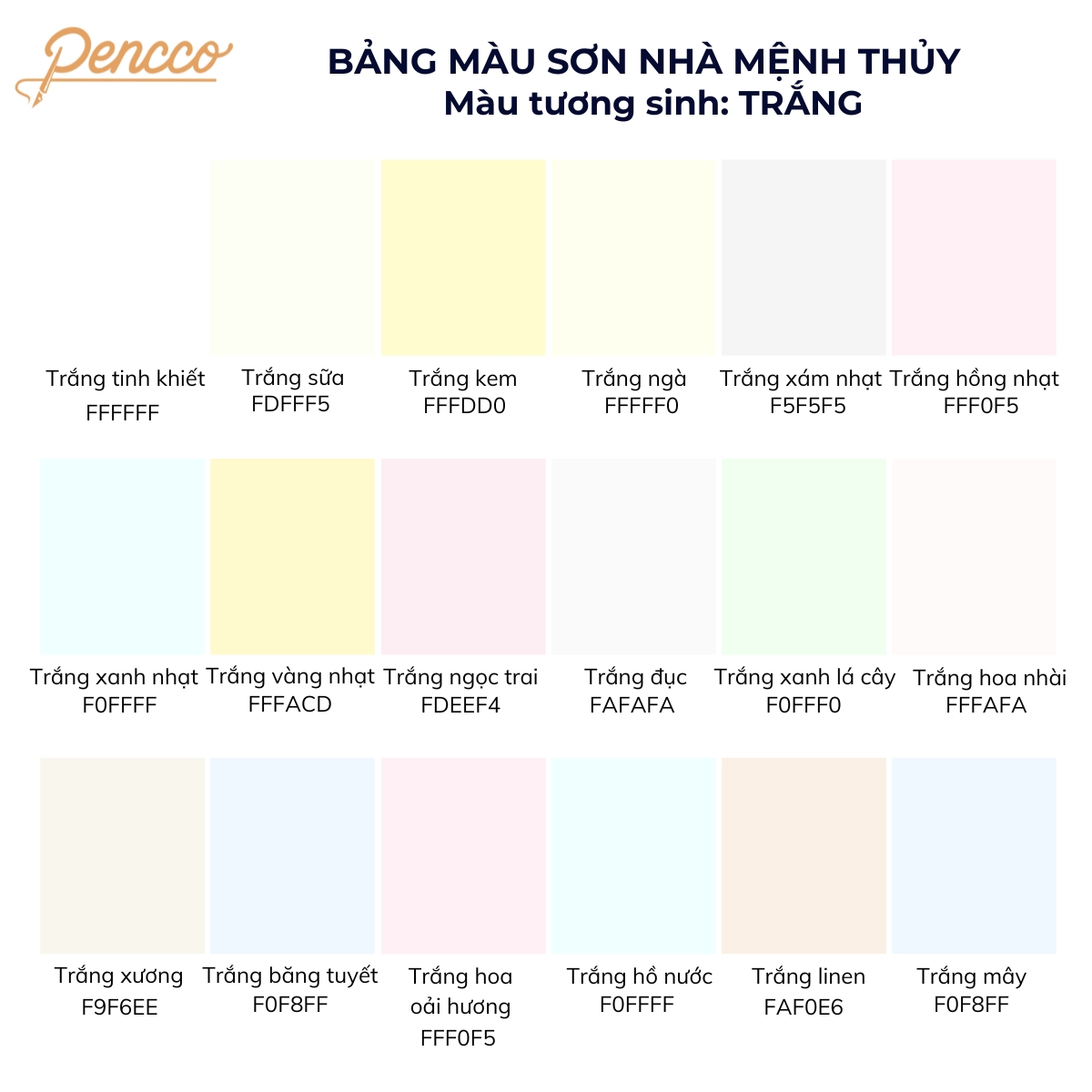 bảng màu sắc hợp với mệnh thủy màu trắng