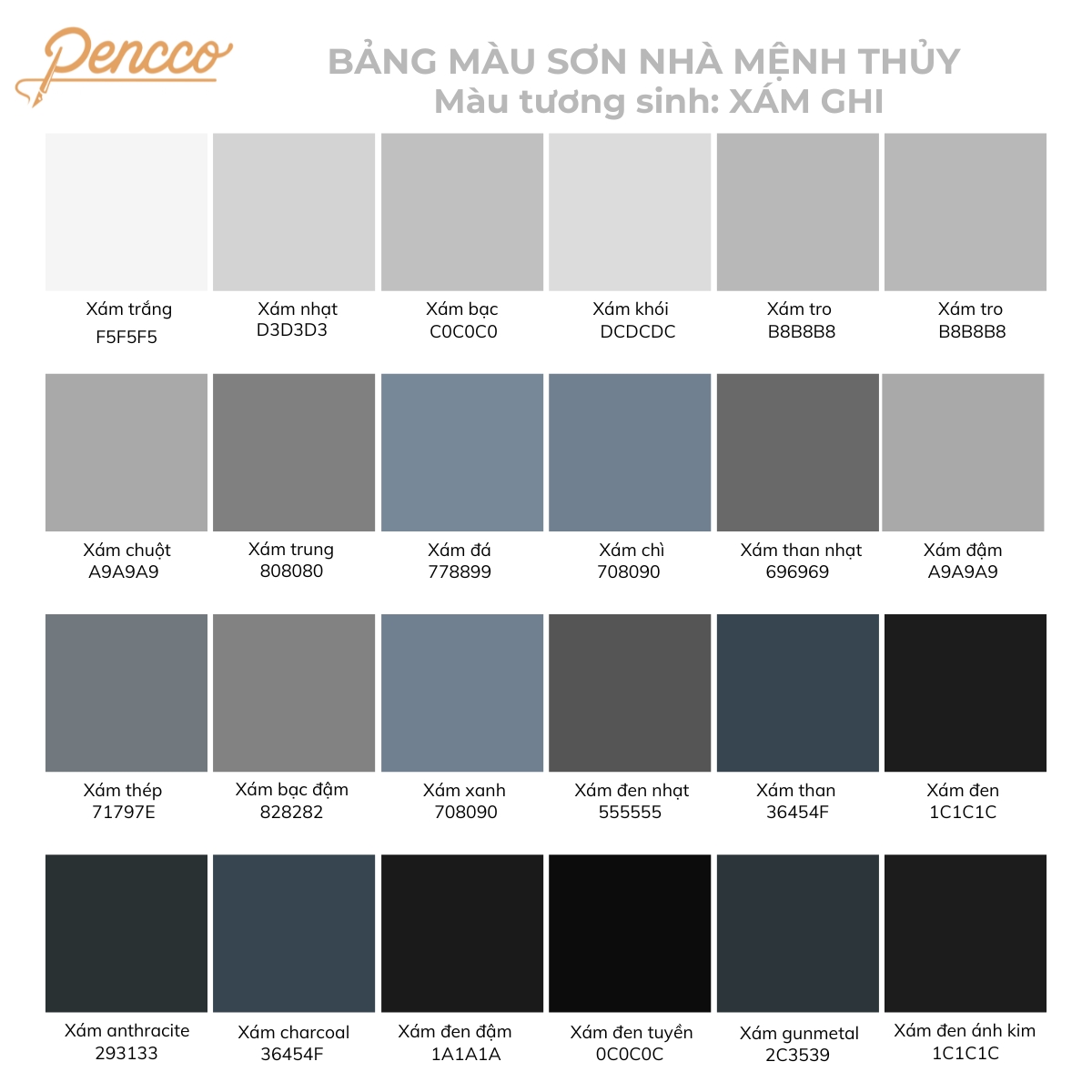 bảng màu sắc hợp với mệnh thủy màu xám