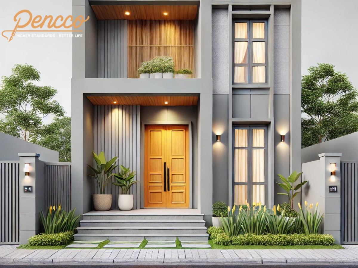 Nhà cấp 4 sơn xám ghi, cửa gỗ và trang trí màu vàng nhạt.