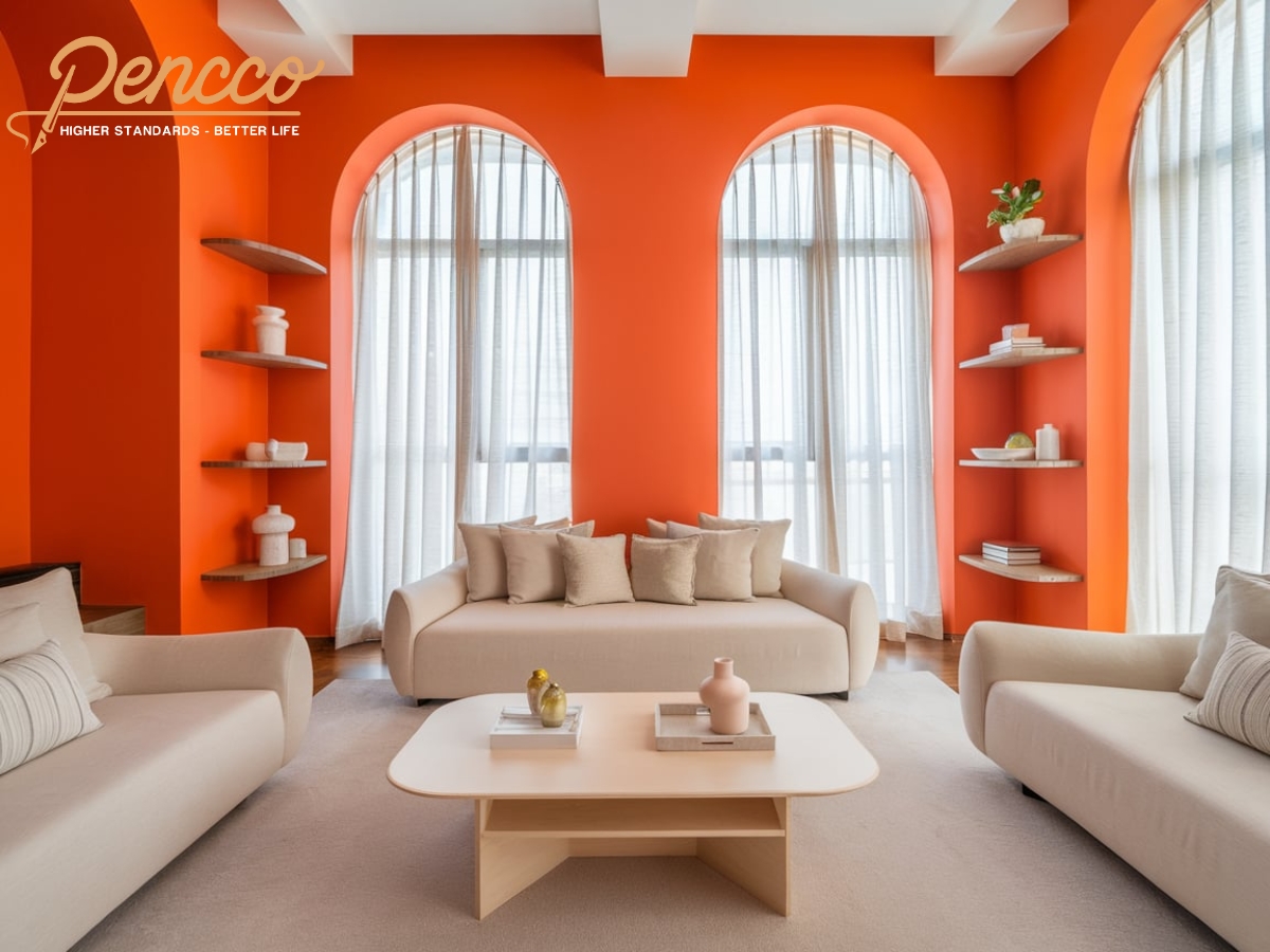 Thiết kế phòng khách màu cam với sofa be và rèm trắng.