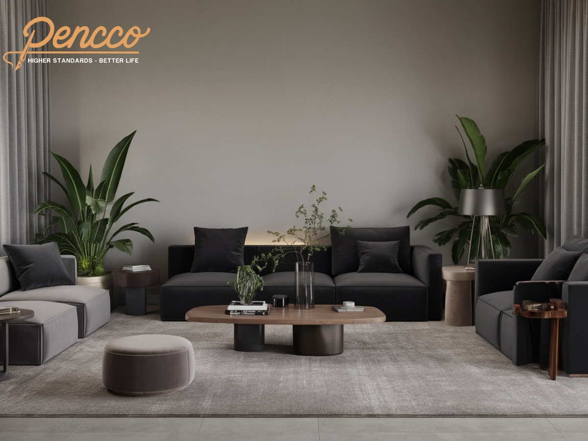 Phòng khách đơn sắc với tông màu xám nhạt và sofa xám đậm.