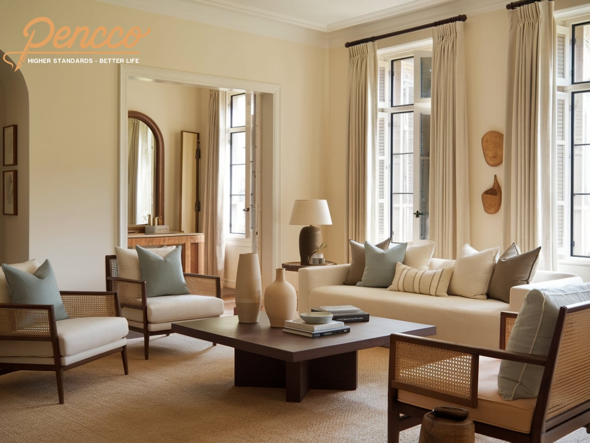 Phòng khách màu kem với sofa trung tính và rèm be.