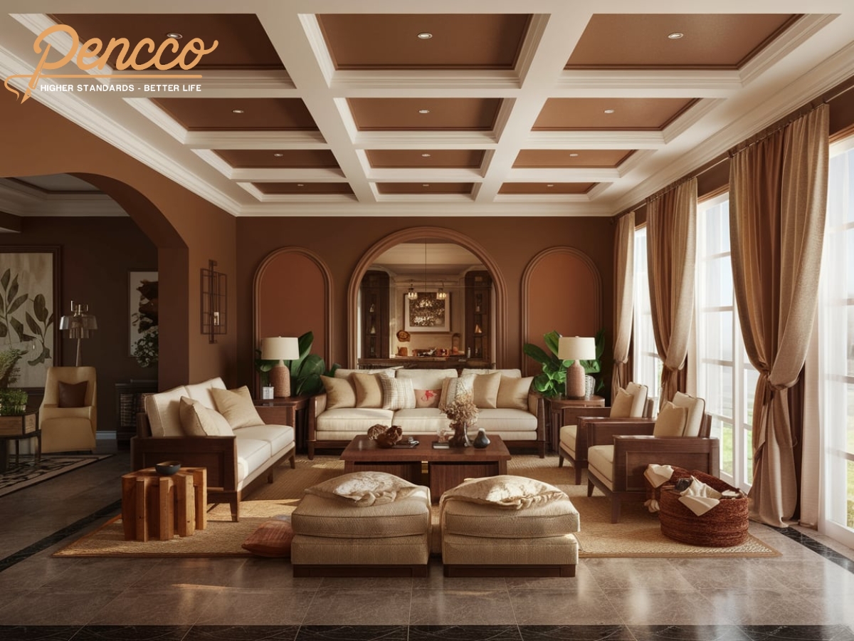 Phòng khách nâu với sàn sẫm và sofa kem.